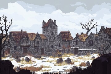 Pixelated Medieval Village with Stone Houses and Blank Sky for Copy Space