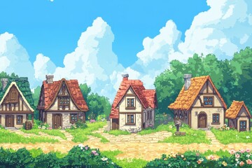 Digital Pixelated Village Square with Pixel Villagers and Clear Sky Copy Space