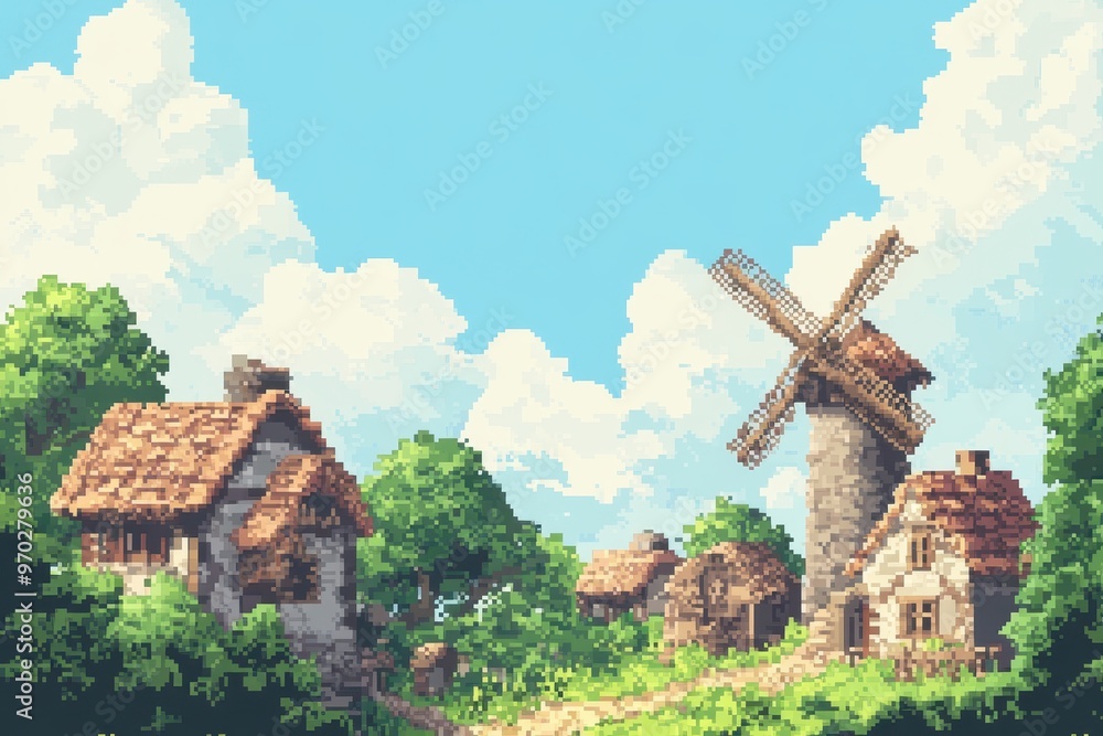 Poster retro pixelated village with windmills on clear background for text overlay