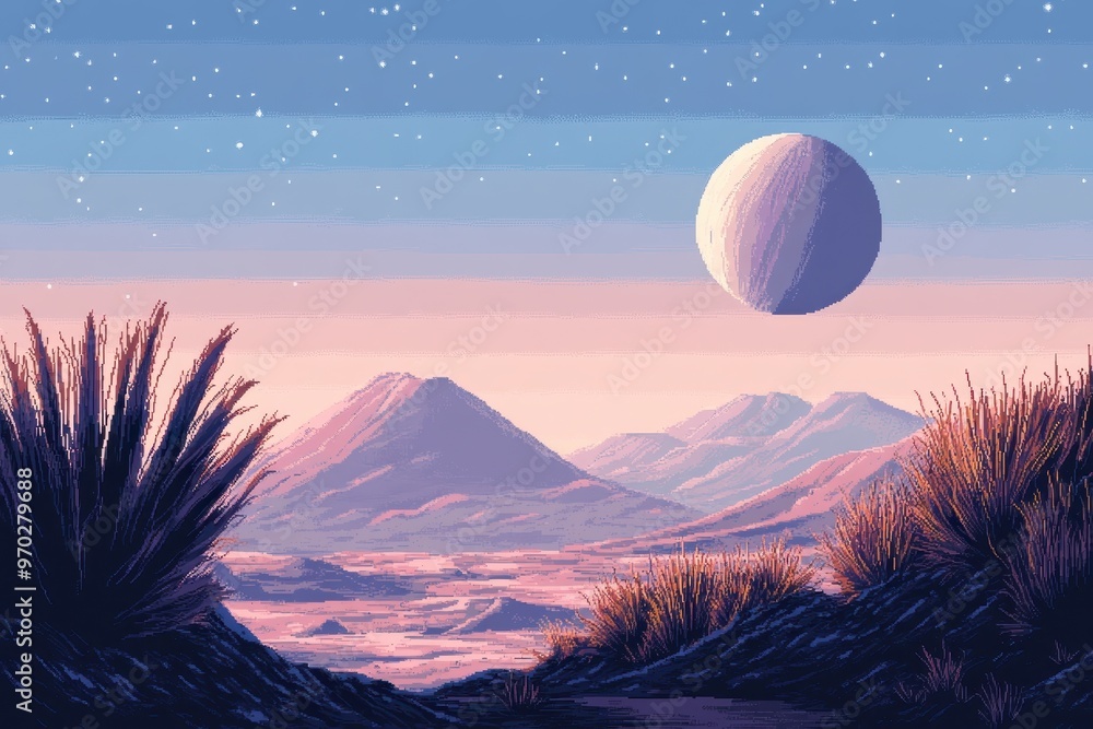Poster retro 8-bit pixel alien planet landscape with unique flora under a clear sky for copy space text - v