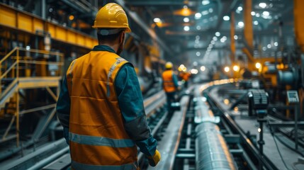 Fototapeta premium Conveyor belts in an industrial setting, transporting materials through heavy machinery, factory workers guiding the process