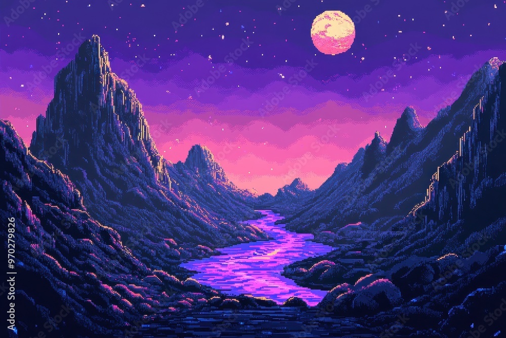 Poster retro 8-bit pixel alien planet landscape with glowing rivers and open sky for copy space
