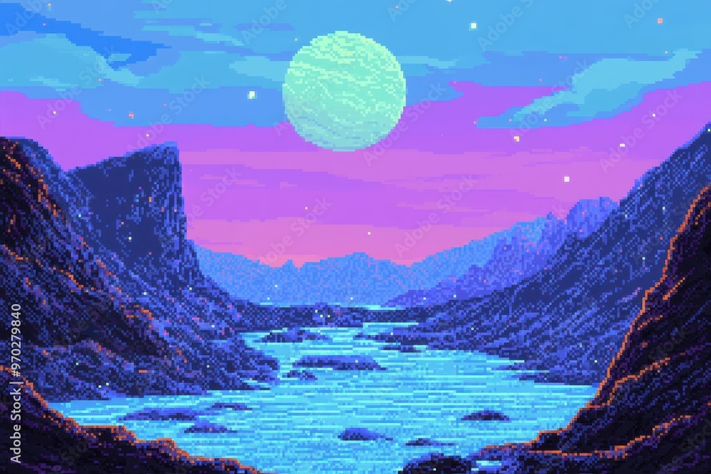 Poster cosmic pixelated extraterrestrial landscape with illuminated streams under clear skies - retro 8-bit