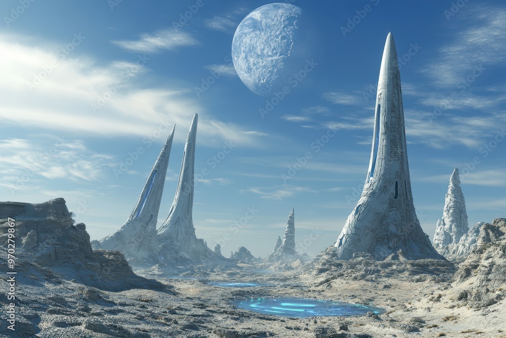 Poster retro alien landscape with mysterious structures, copy space above for text placement