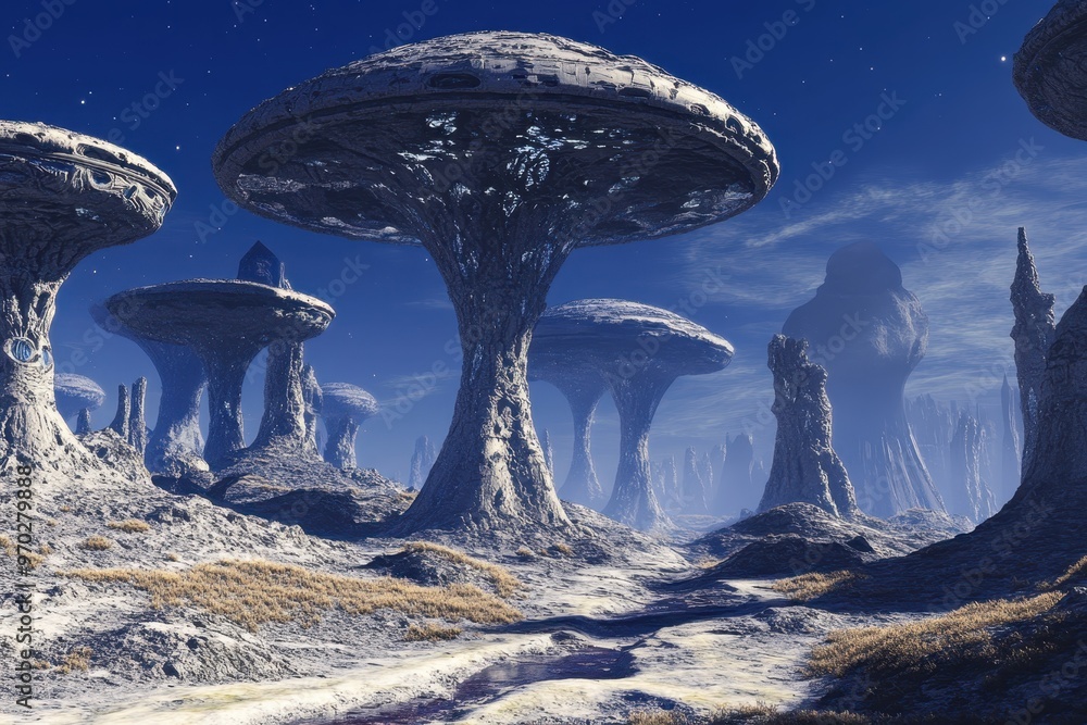 Poster retro alien landscape with enigmatic alien structures against blank sky for copy space.