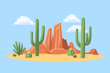 A desert landscape with red rock formations, tall cacti, and a small, prickly pear cactus in the foreground.