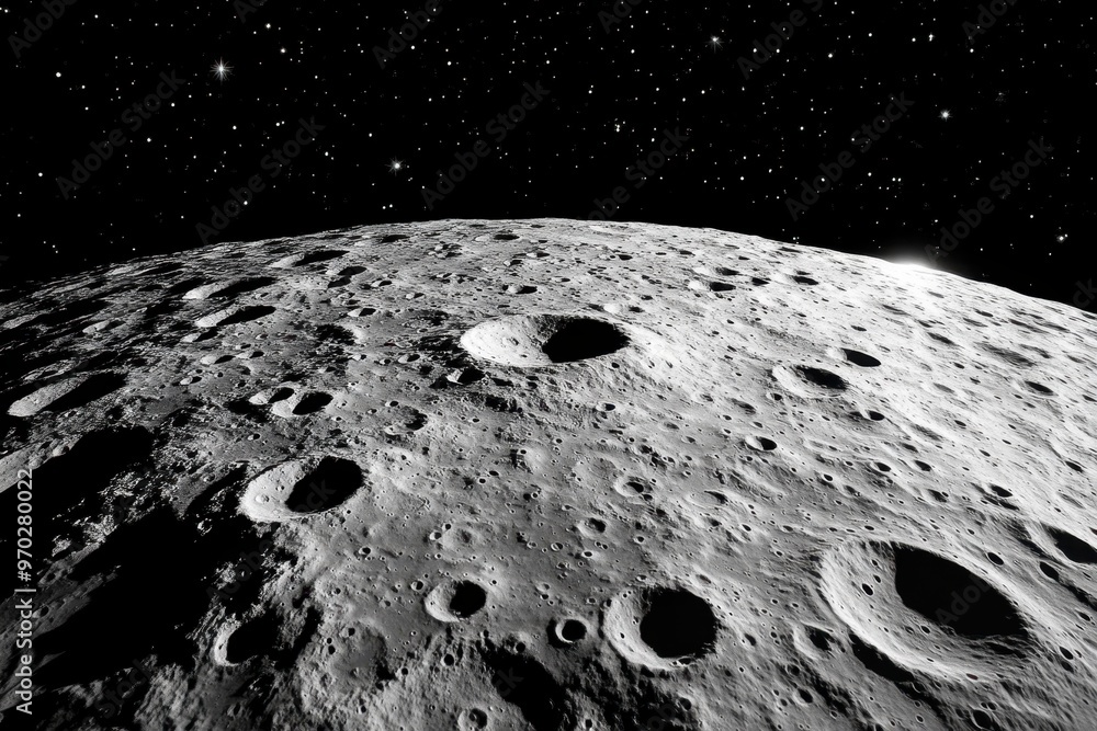 Poster cratered moon surface in pixels with clear sky for copy space