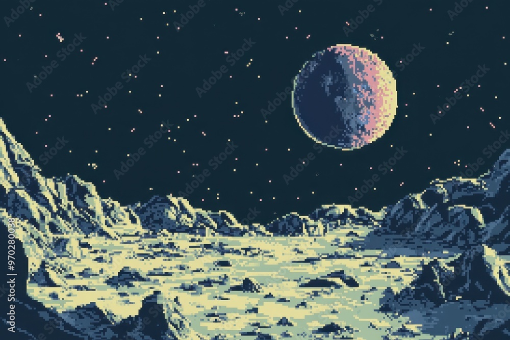 Poster retro 8-bit pixel moon surface with distant earth - space exploration concept with copy space for te