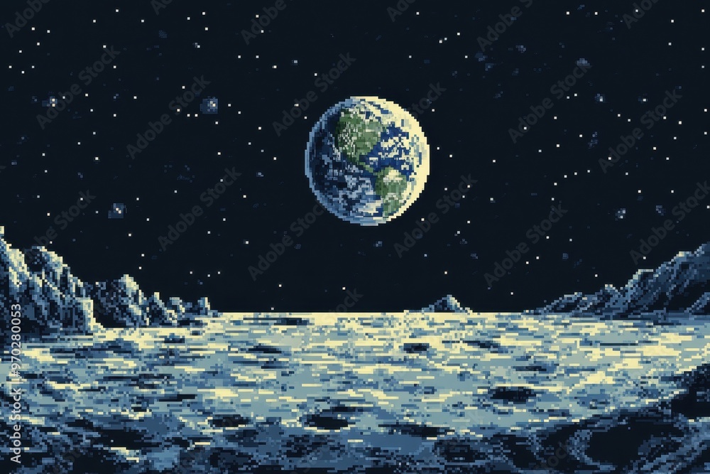 Poster retro pixel moon surface with distant earth - space background for text design in vintage 8-bit styl