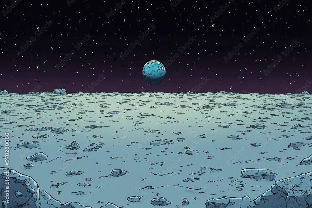 Poster retro 8-bit pixel moon surface with distant earth - space background for text overlay in vintage vid