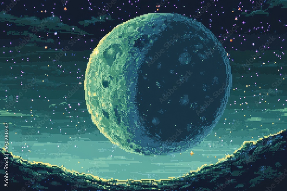 Poster retro 8-bit pixel moon surface with stars and open sky for text background