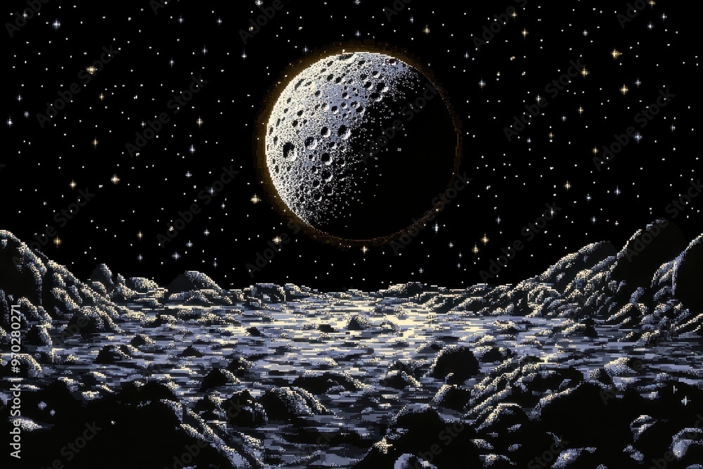Poster galactic tranquility - 8-bit pixel moon surface with glowing stars background for text overlay in op