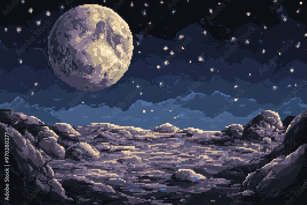 Poster retro 8-bit pixel art moon surface background with open sky for text, nostalgic gaming design with s