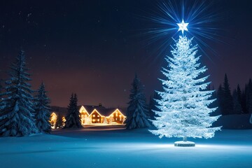Breathtaking Winter Night Scene with Illuminated Christmas Tree and Glowing Snow