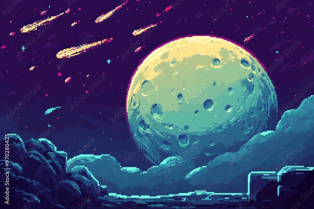 Poster retro 8-bit moon surface with pixel meteors and copy space for text overlay