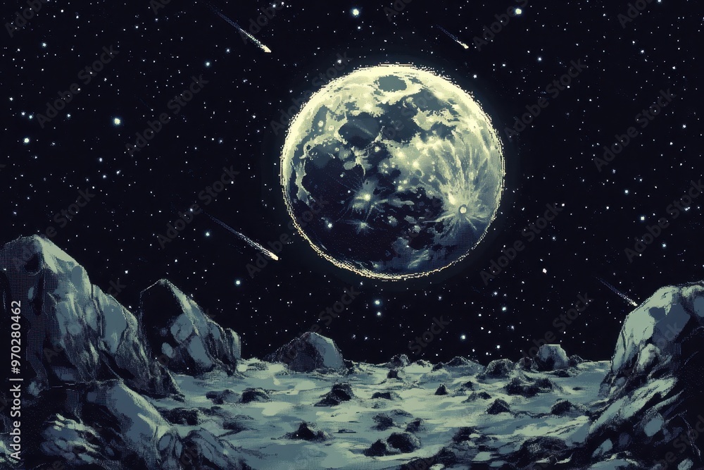 Poster retro 8-bit moon surface with pixel meteors and copy space for text overlay