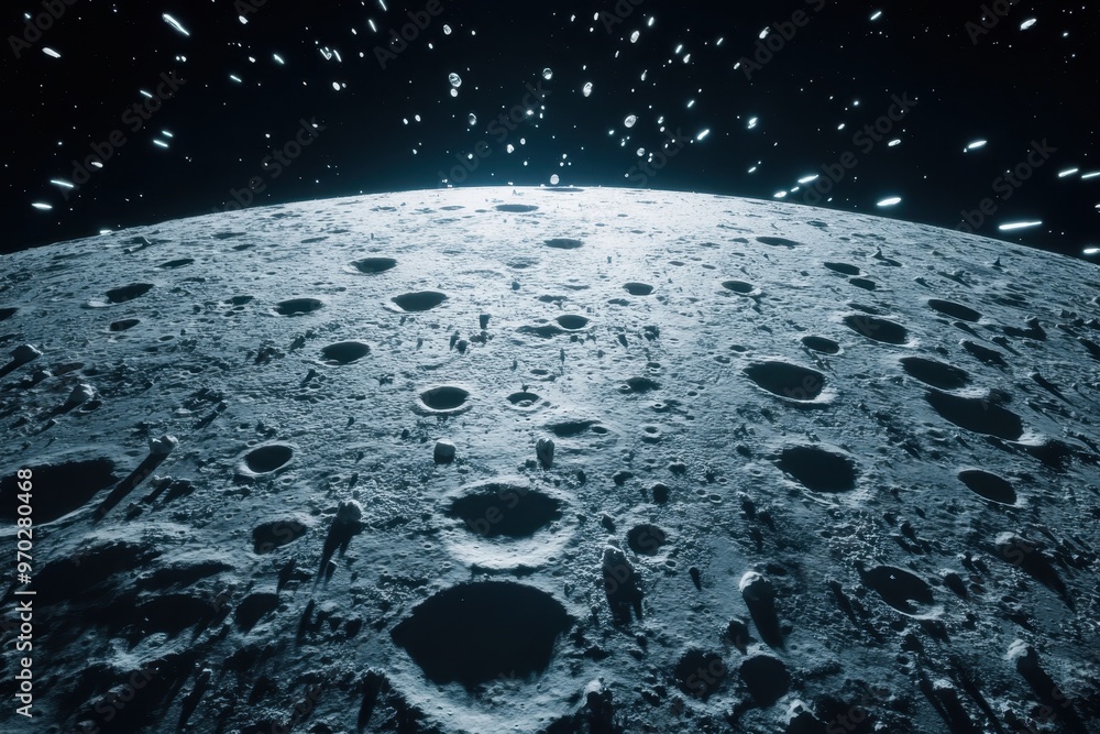 Poster retro 8-bit moon surface with pixel meteors and copy space for text design
