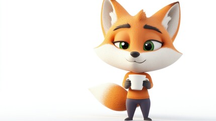 Obraz premium A cute cartoon fox character holding a cup, conveying a friendly and inviting vibe.