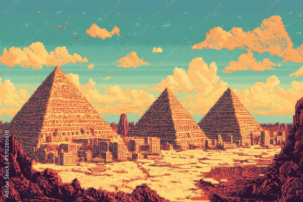 Poster ancient egyptian 16-bit pixel pyramids with hieroglyphs under open sky for copy space