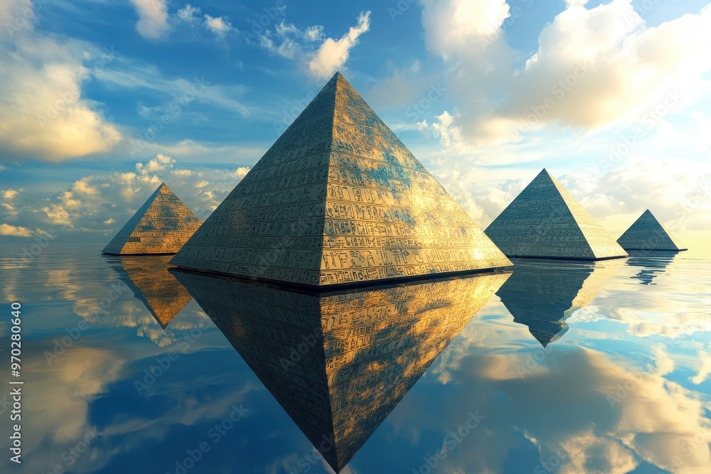 Poster ancient 16-bit pixel pyramids with hieroglyphs under open sky for copy space background