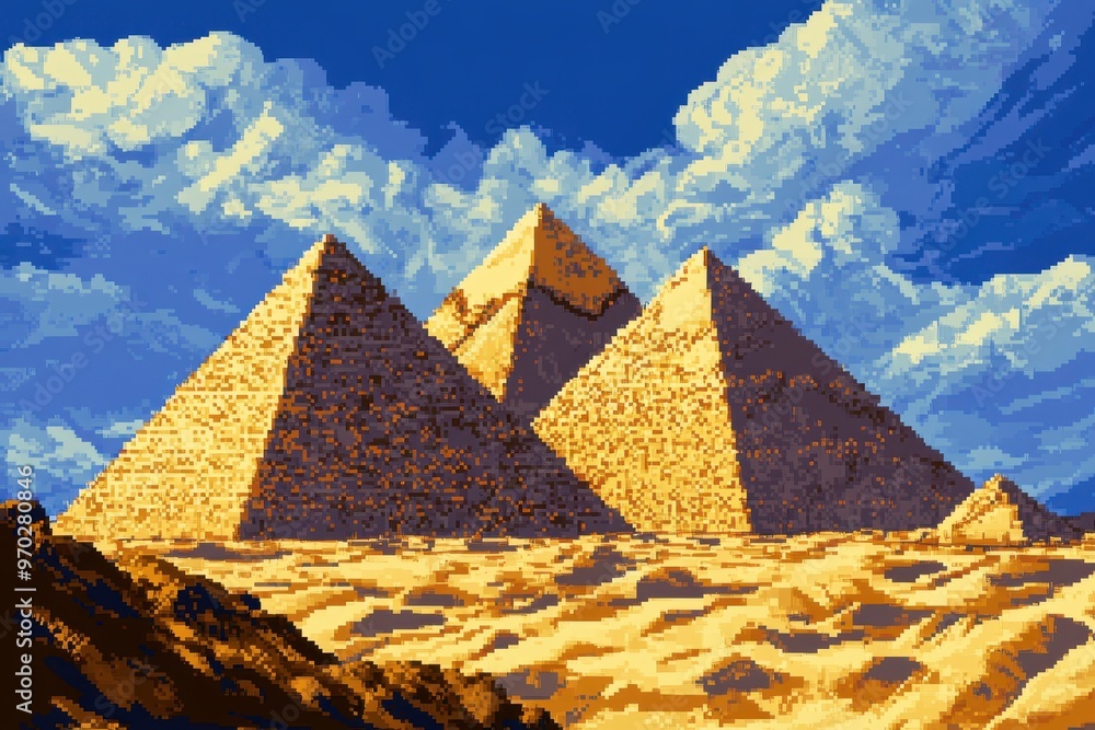 Poster retro 8-bit pixel art pyramids among sand dunes with copy space sky for text overlay