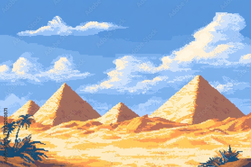 Poster retro 8-bit pixel art pyramids in sand dunes with clear sky for text overlay