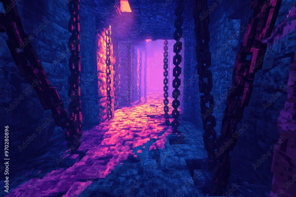 Poster retro pixelated dungeon with chains and open stone walls for copy space