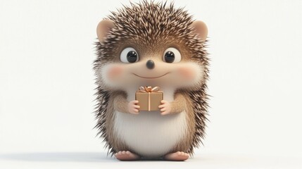 A cute cartoon hedgehog holding a gift with a cheerful expression.
