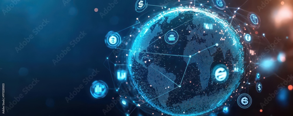 Poster A globe made entirely of business icons and market symbols, with flowing data lines connecting different continents and currency symbols orbiting around