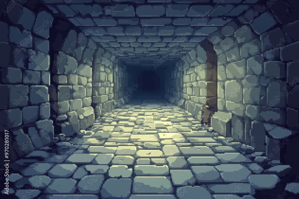 Poster nostalgic pixel dungeon adventure with traps and copy space on stone floor