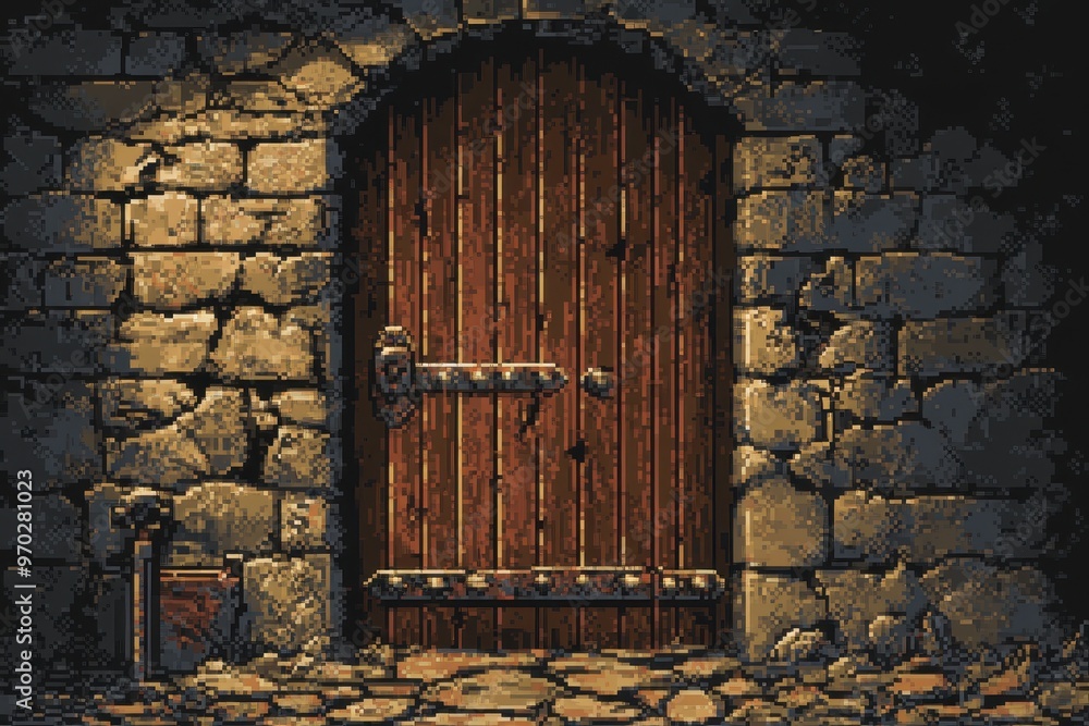 Aufkleber retro 16-bit dungeon scene with pixel doors and keys on clear background for copy space.
