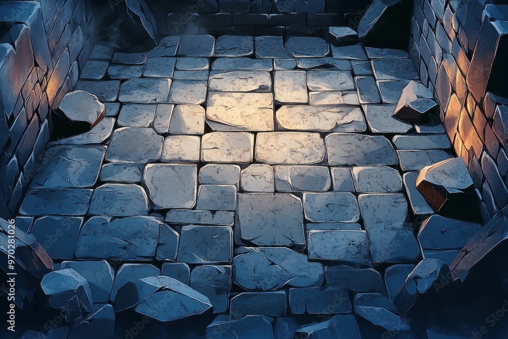 Poster nostalgic pixel dungeon adventure with traps on blank stone floor for copy space
