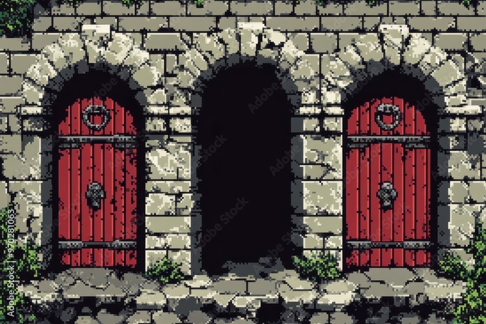 Poster retro 16-bit dungeon scene with pixelated doors and keys on clear background for copy space.