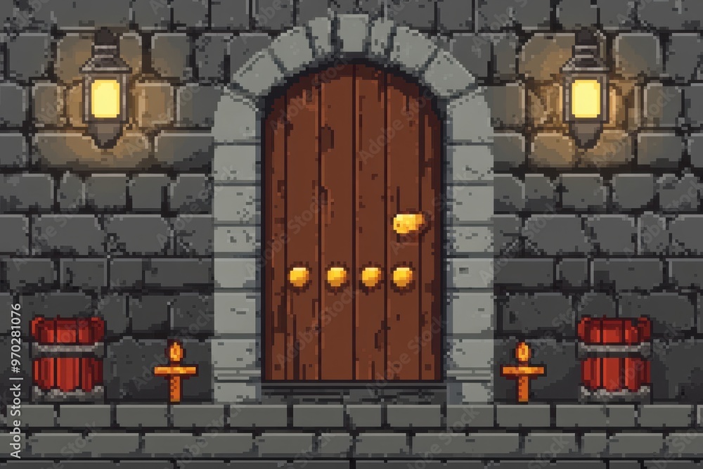 Poster retro 16-bit dungeon scene with pixel doors and keys on clear background for copy space.