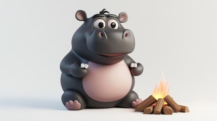 Naklejka premium A cute cartoon hippo sitting by a campfire, holding marshmallows in a playful setting.