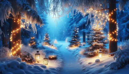 A winter scene featuring a snow covered path winding through a forest adorned with frosted evergreens