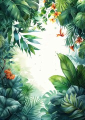 Fototapeta premium Tropical Watercolor Illustration with Lush Greenery