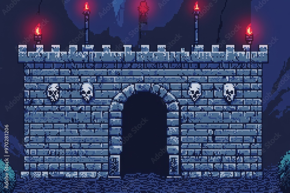 Poster retro 8-bit pixel dungeon with pixel skeletons and clear stone walls for text
