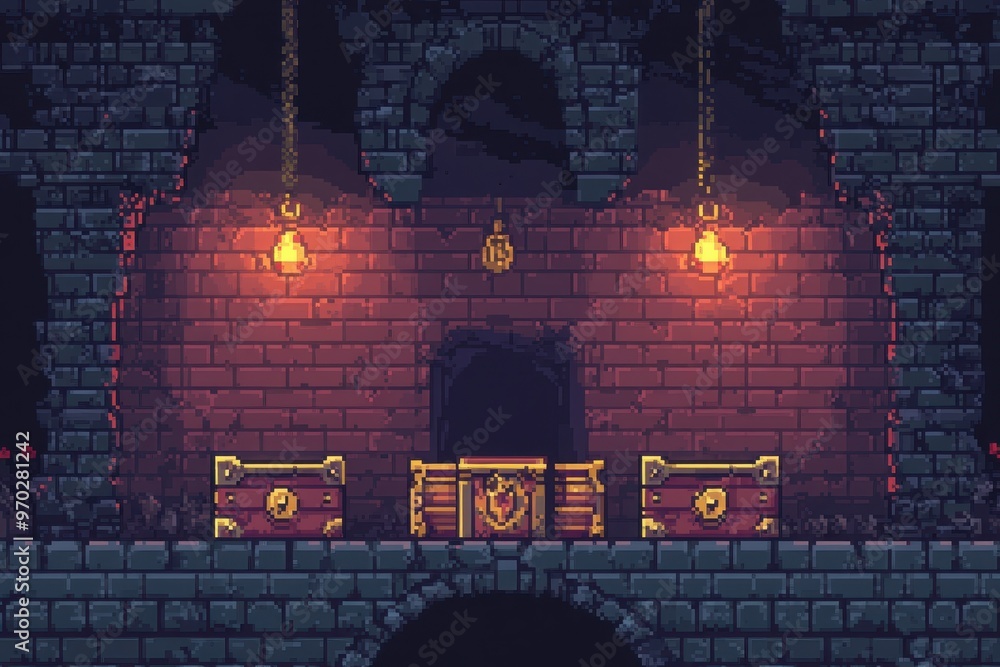 Poster vintage pixel dungeon with hidden treasure chests in open space for text overlay