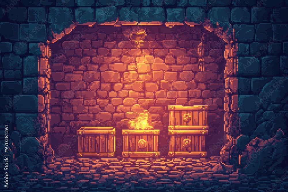 Aufkleber retro pixel dungeon exploration with treasure chests in open area for copy space