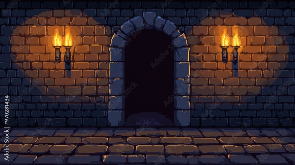 Poster retro 8-bit pixel dungeon with dark corridors and open stone floor for copy space
