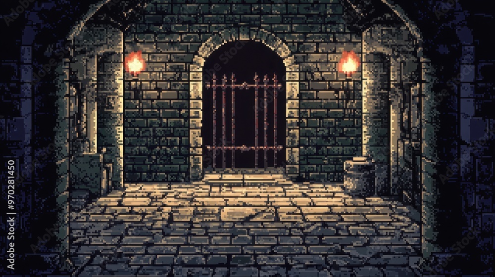Poster retro 8-bit pixel dungeon exploration with dark corridors and open stone floor for copy space