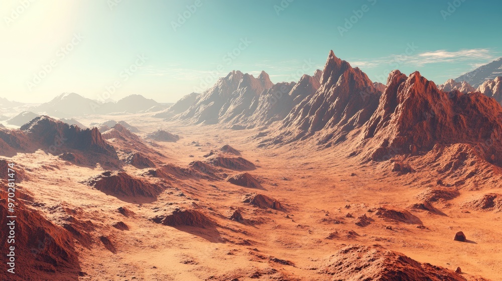 Poster red planet characterized by arid terrain rugged hills and mountains ideal for themes of space explor