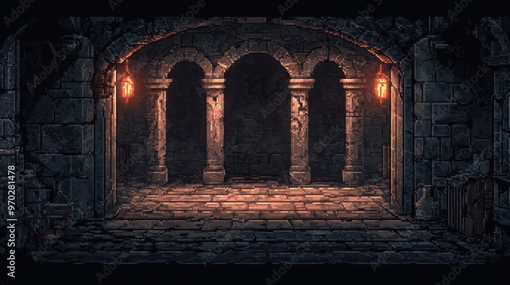 Poster retro 8-bit pixel dungeon with dark corridors and open stone floor for copy space