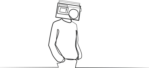 continuous line of man with radio head.abstract one line drawing of man with radio head.isolated white background