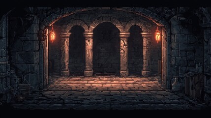 Retro 8-Bit Pixel Dungeon with Dark Corridors and Open Stone Floor for Copy Space