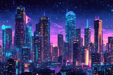 Fototapeta premium Vibrant neon vision of a future metropolis A panoramic view of a cyberpunk inspired cityscape featuring towering skyscrapers illuminated by neon lights under a starry night sky