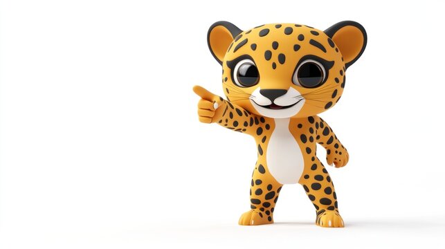 A cute cartoon leopard character pointing playfully.