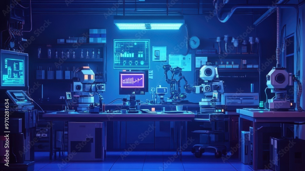 Poster futuristic pixel robots in retro laboratory setting with copy space