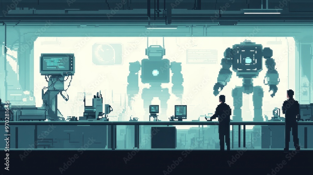 Poster retro futuristic lab scene with pixel robots and copy space